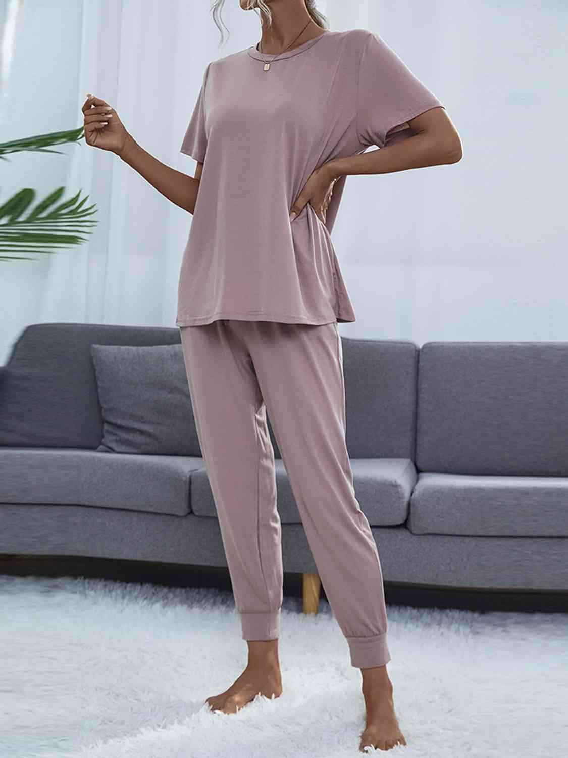 Round Neck Short Sleeve Top and Pants Set - Immenzive