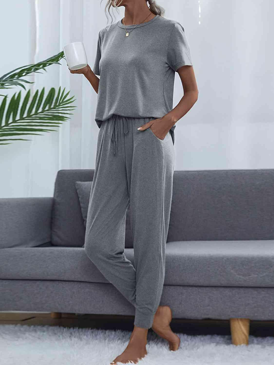 Round Neck Short Sleeve Top and Pants Set - Immenzive