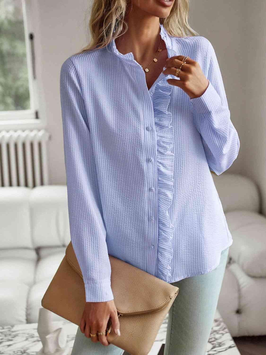 Ruffle Trim Long Sleeve Shirt - Immenzive