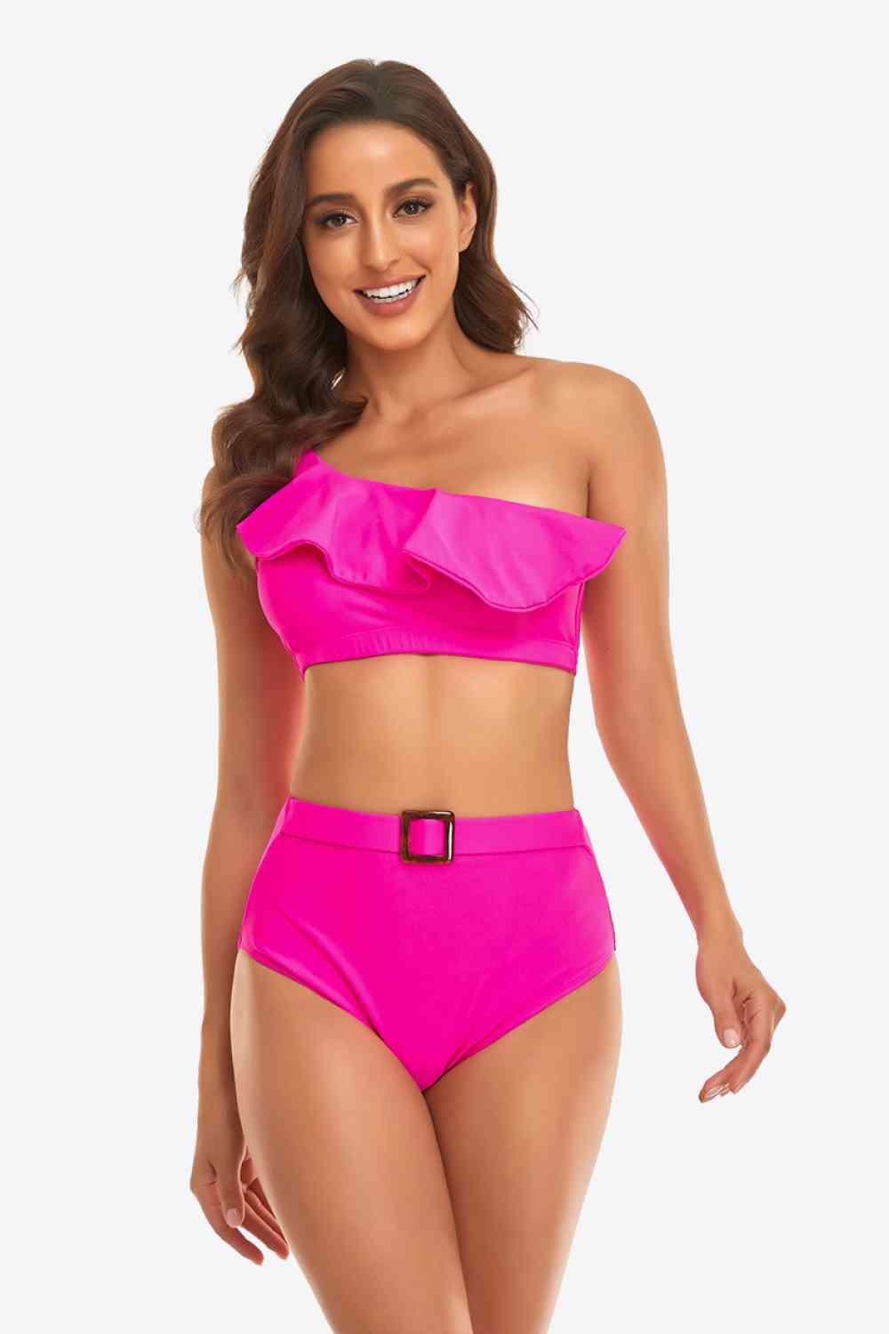 Ruffled One-Shoulder Buckled Bikini Set - Immenzive