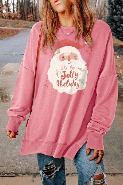 Santa Claus Graphic Round Neck Slit Sweatshirt - Immenzive