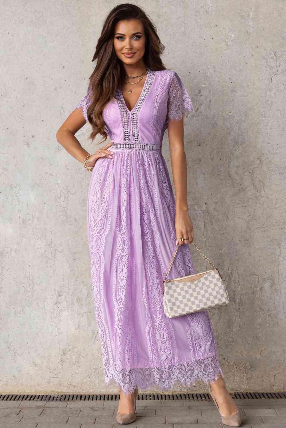 Scalloped Trim Lace Plunge Dress - Immenzive