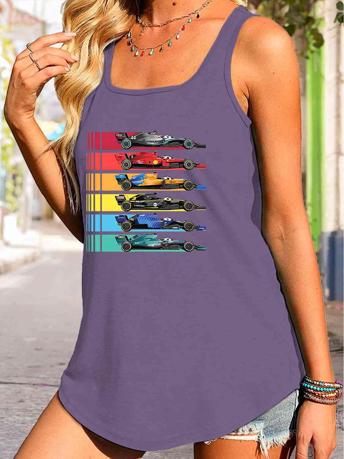 Scoop Neck Race Car Graphic Tank Top - Immenzive
