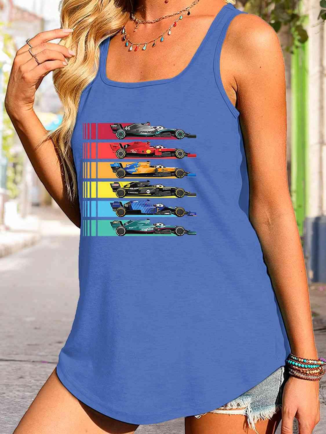 Scoop Neck Race Car Graphic Tank Top - Immenzive
