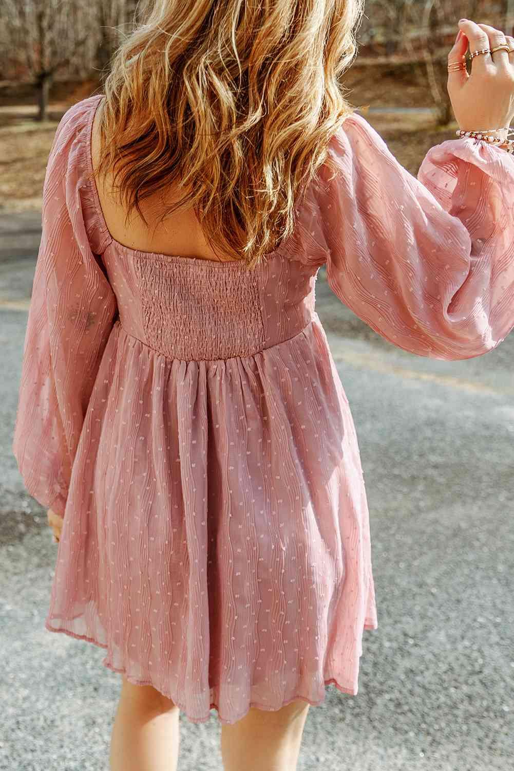 Scoop Neck Smocked Balloon Sleeve Dress - Immenzive