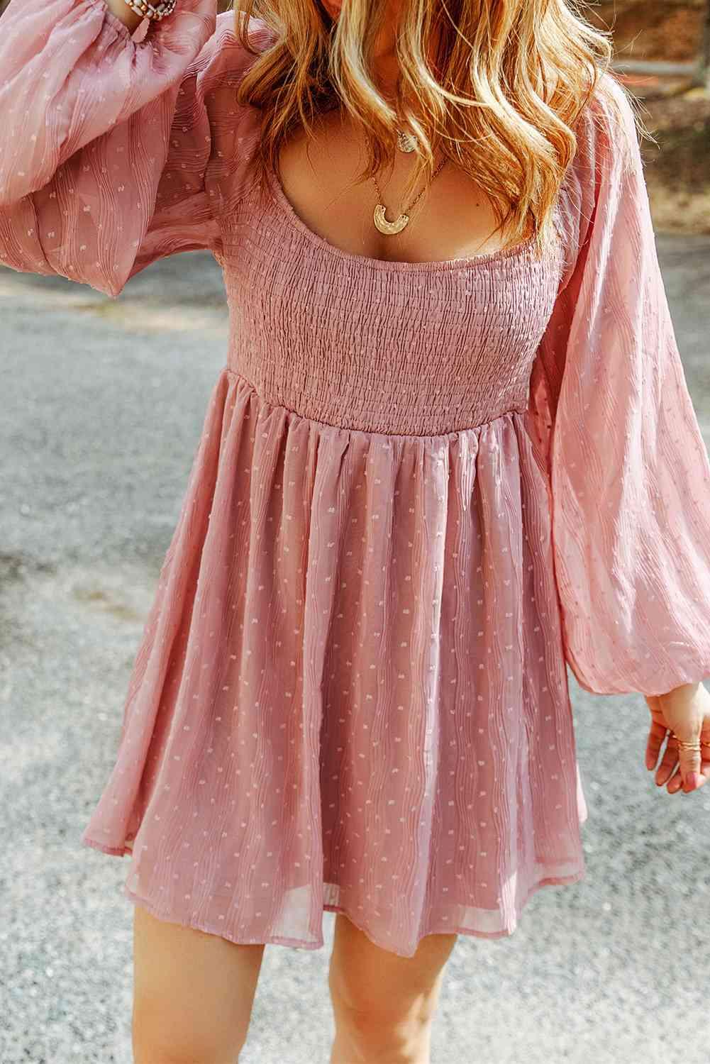 Scoop Neck Smocked Balloon Sleeve Dress - Immenzive