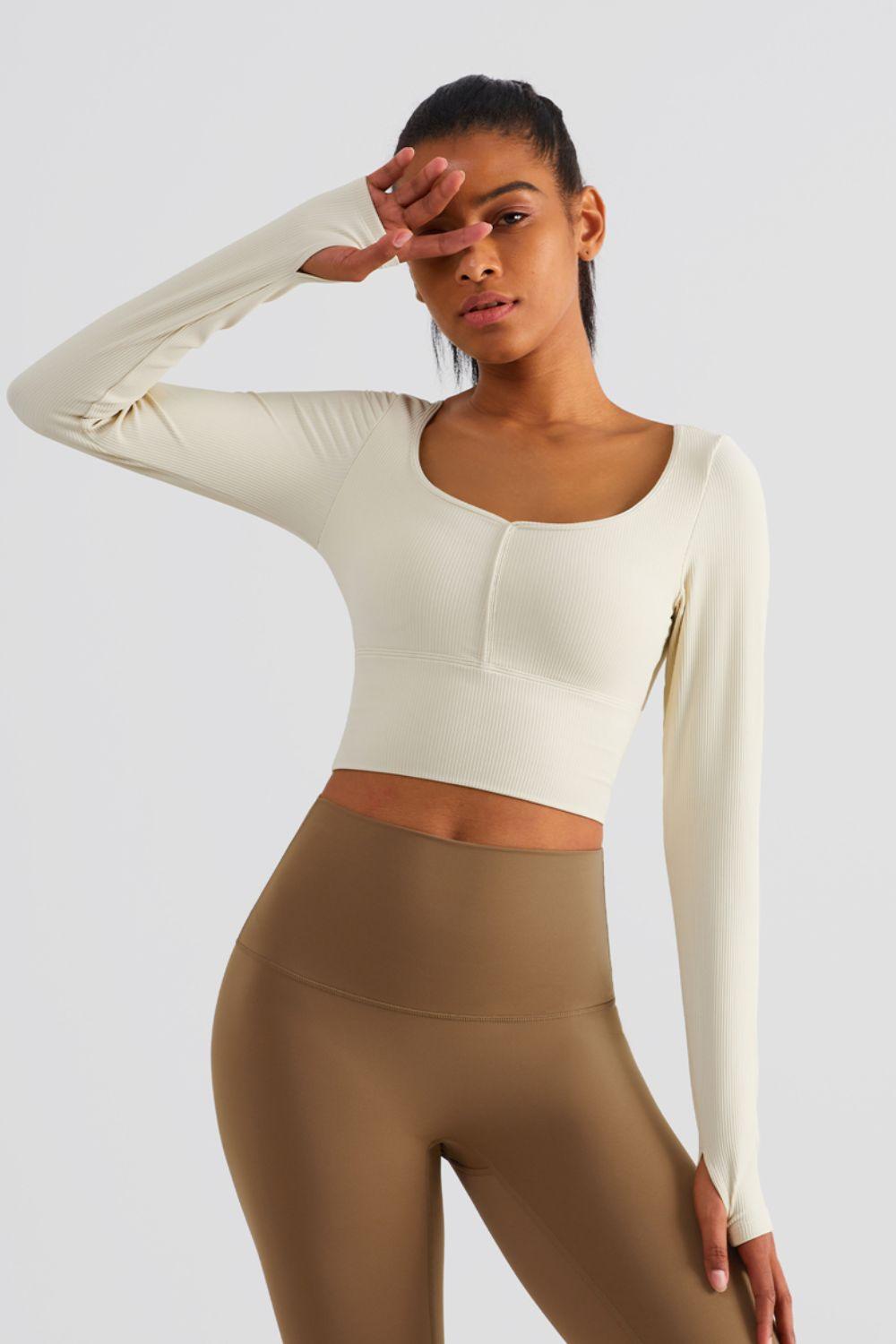 Scoop Neck Thumbhole Sleeve Cropped Sports Top - Immenzive