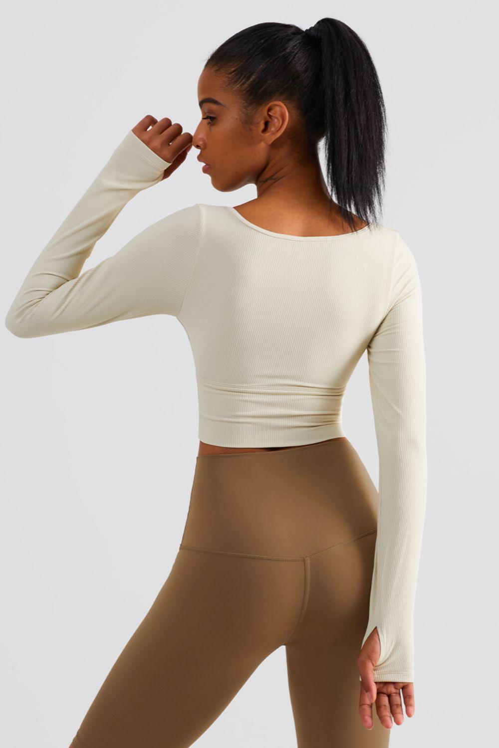 Scoop Neck Thumbhole Sleeve Cropped Sports Top - Immenzive