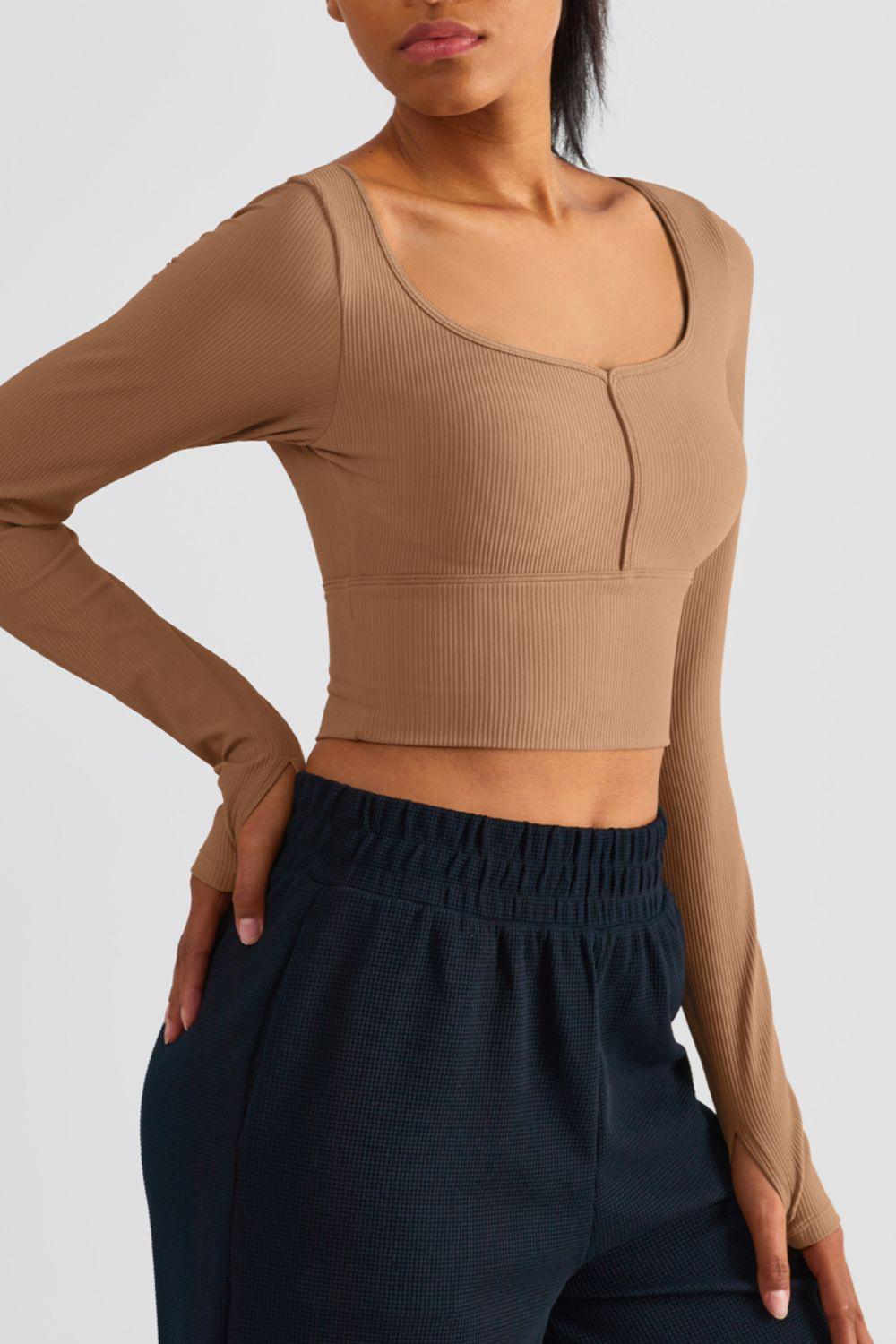 Scoop Neck Thumbhole Sleeve Cropped Sports Top - Immenzive