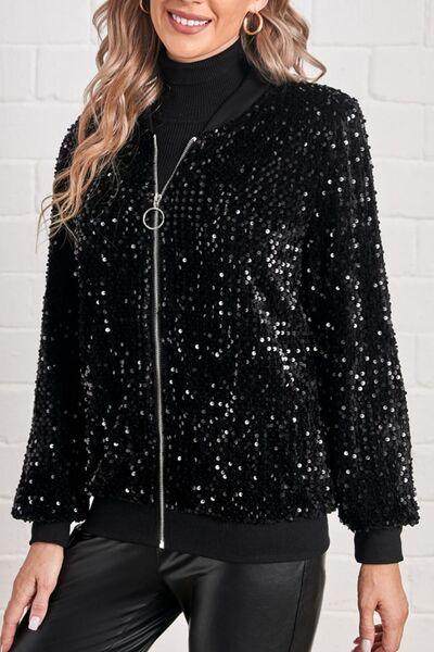 Sequin Baseball Collar Zip Up Jacket - Immenzive