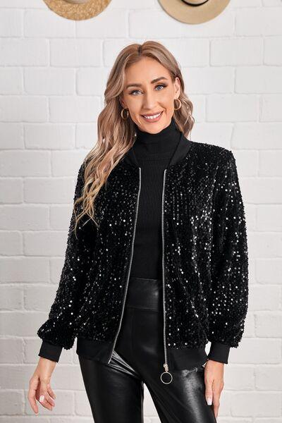 Sequin Baseball Collar Zip Up Jacket - Immenzive