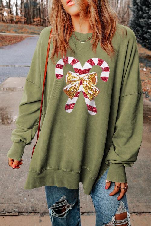 Sequin Candy Cane Round Neck Slit Sweatshirt - Immenzive