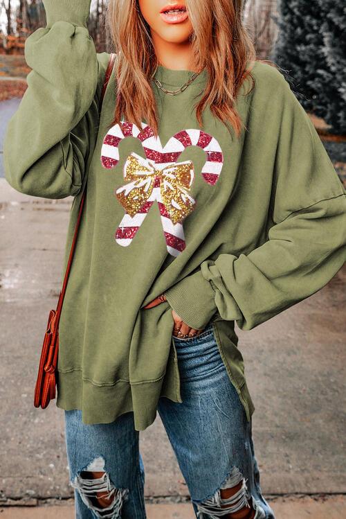 Sequin Candy Cane Round Neck Slit Sweatshirt - Immenzive