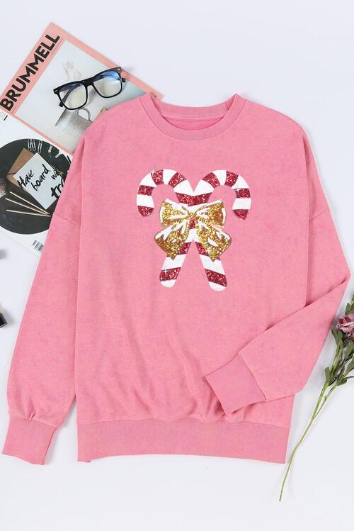 Sequin Candy Cane Round Neck Slit Sweatshirt - Immenzive