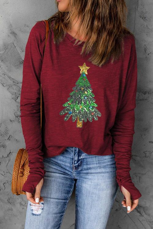 Sequin Christmas Tree Long Sleeve T-Shirt - Immenzive