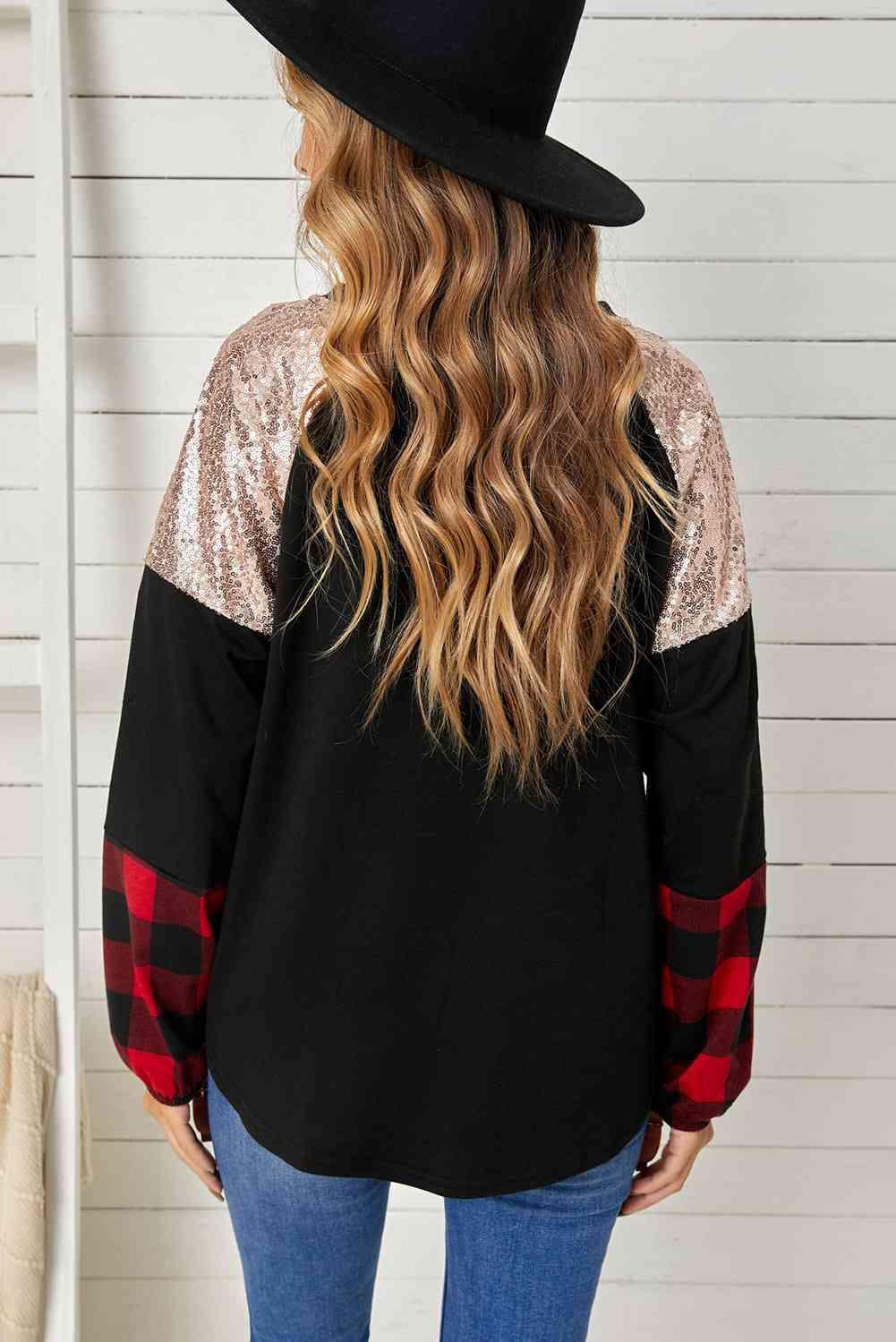 Sequin Color Block Round Neck Sweatshirt - Immenzive