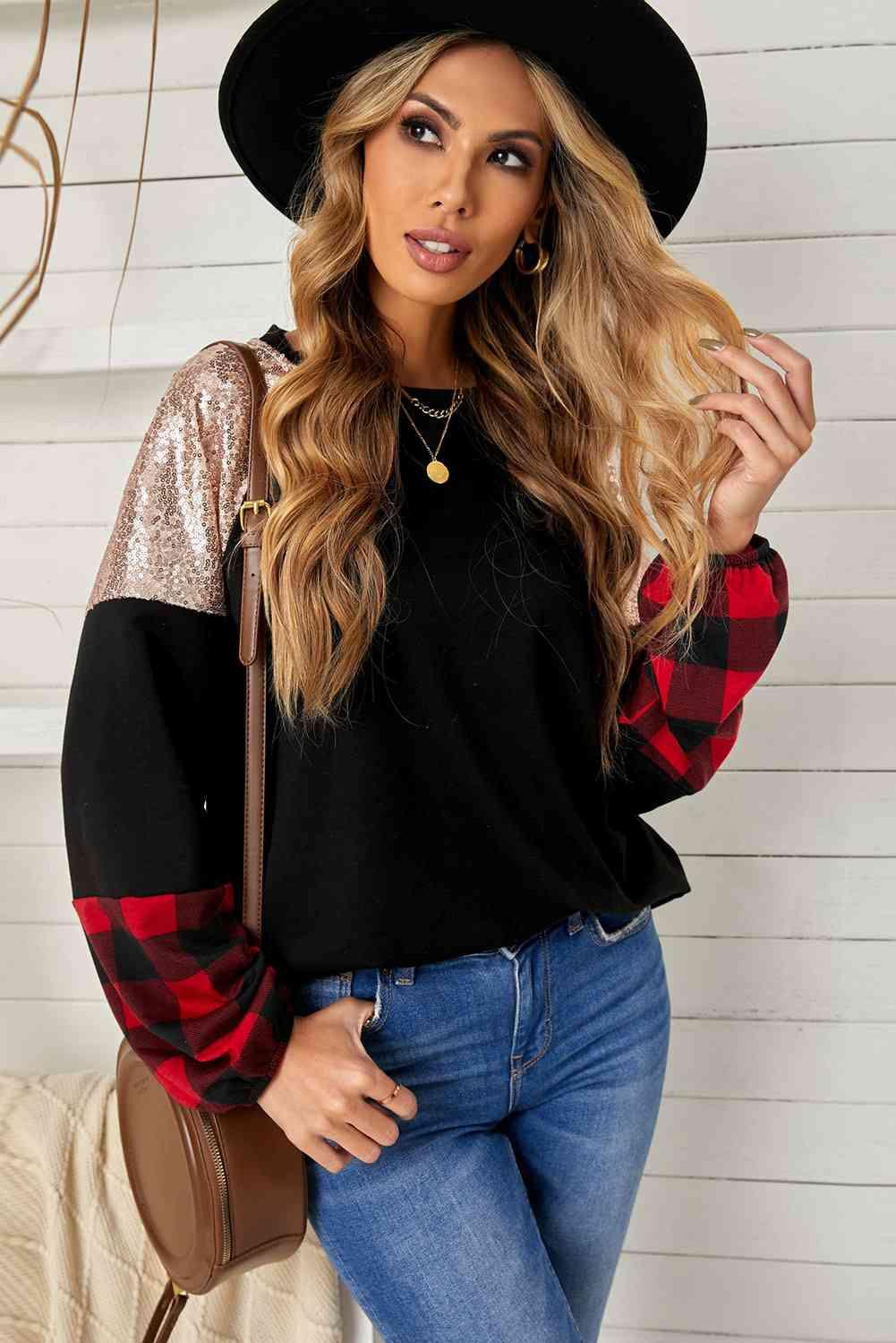 Sequin Color Block Round Neck Sweatshirt - Immenzive