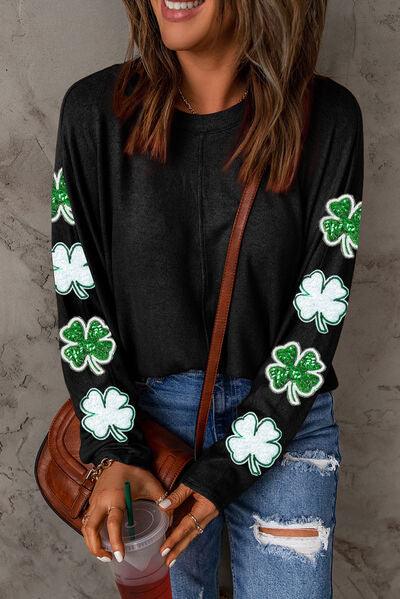 Sequin Lucky Clover Round Neck Sweatshirt - Immenzive