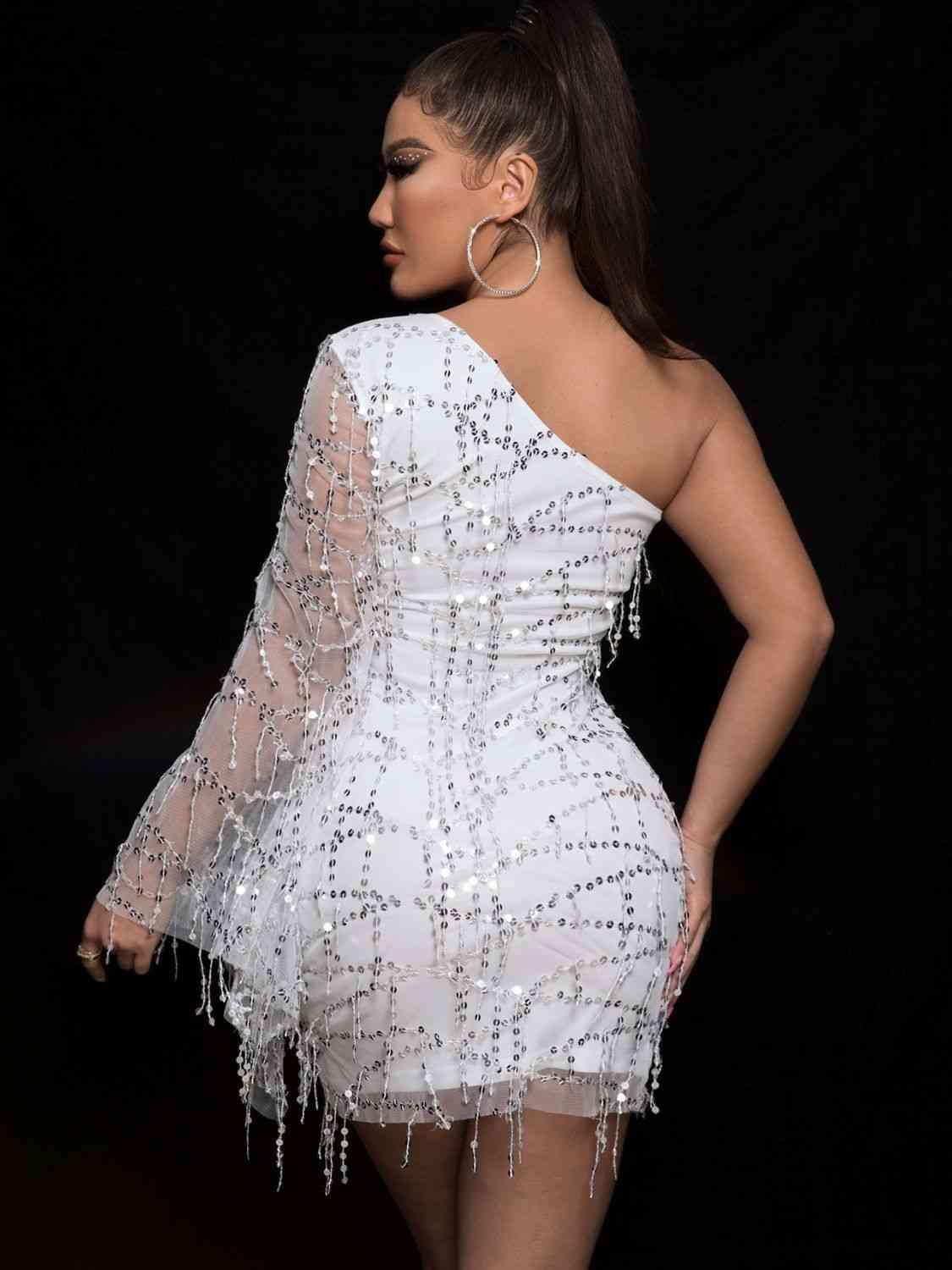 Sequin One Shoulder Spliced Mesh Sleeve Dress - Immenzive