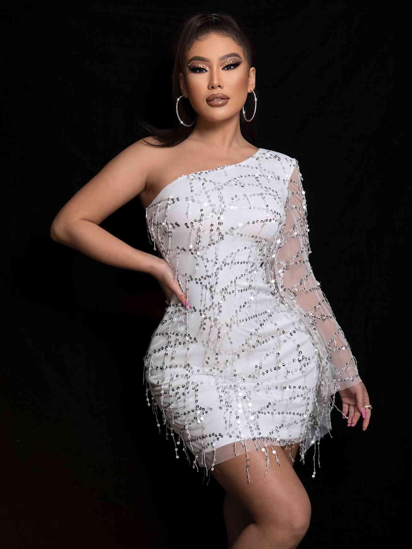 Sequin One Shoulder Spliced Mesh Sleeve Dress - Immenzive