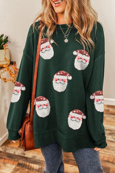 Sequin Santa Round Neck Long Sleeve Sweatshirt - Immenzive