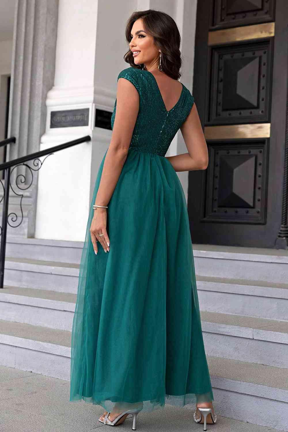 Sequin V-Neck Mesh Maxi Dress - Immenzive