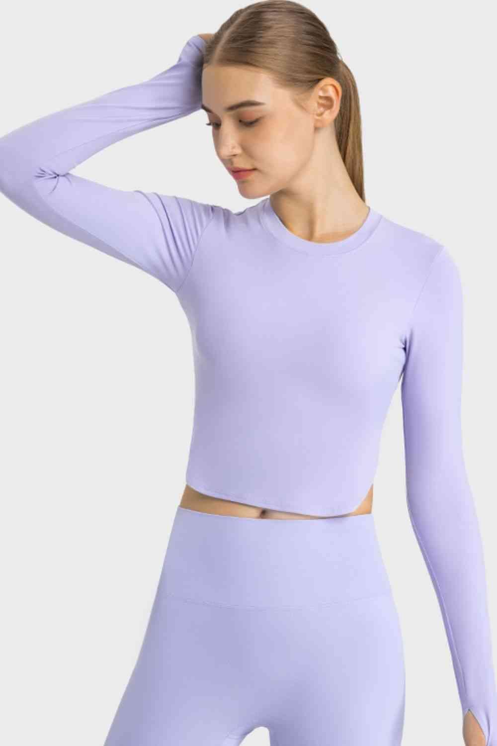 Side Slit Long Sleeve Round Neck Crop Top - Immenzive