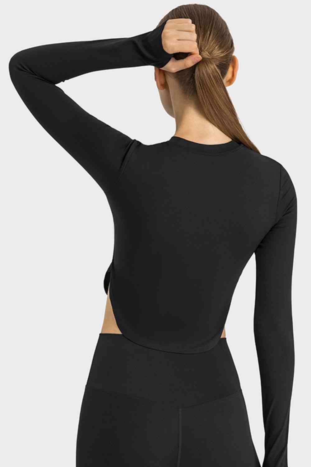 Side Slit Long Sleeve Round Neck Crop Top - Immenzive