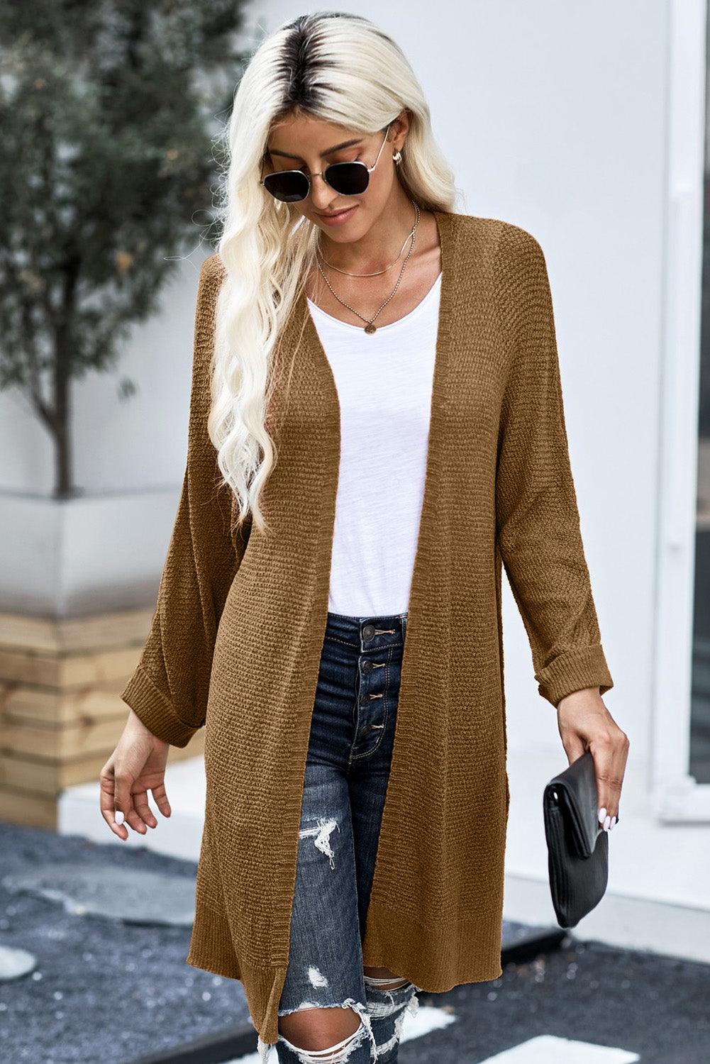 Side Slit Open Front Knit Longline Cardigan - Immenzive