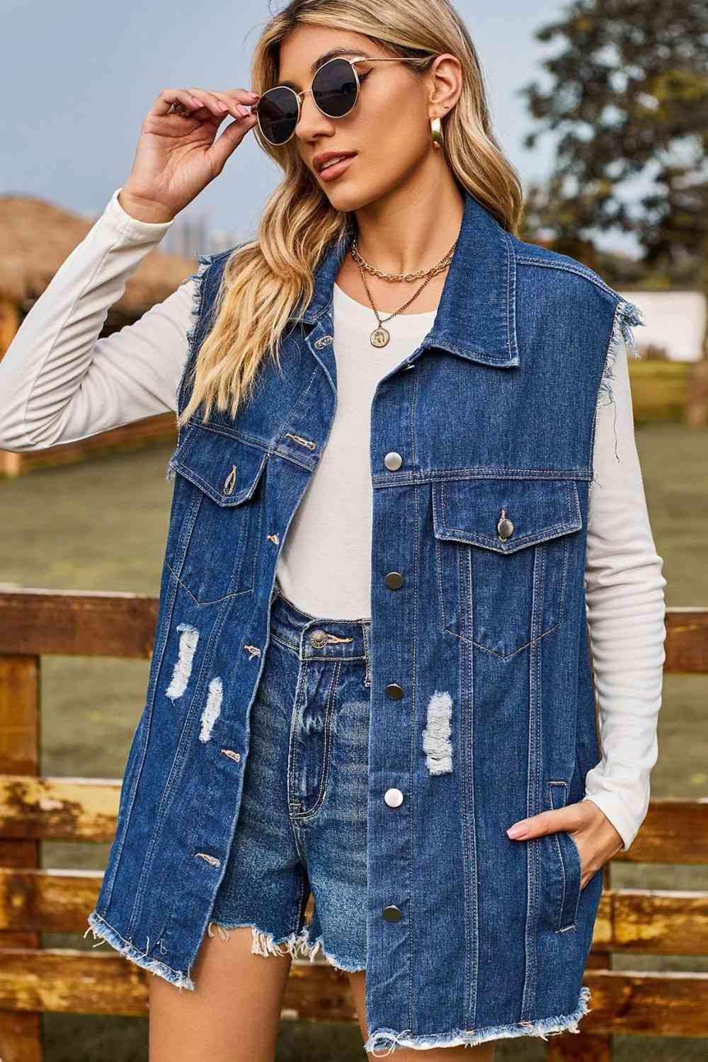 Sleeveless Button-Up Collared Denim Top with Pockets - Immenzive