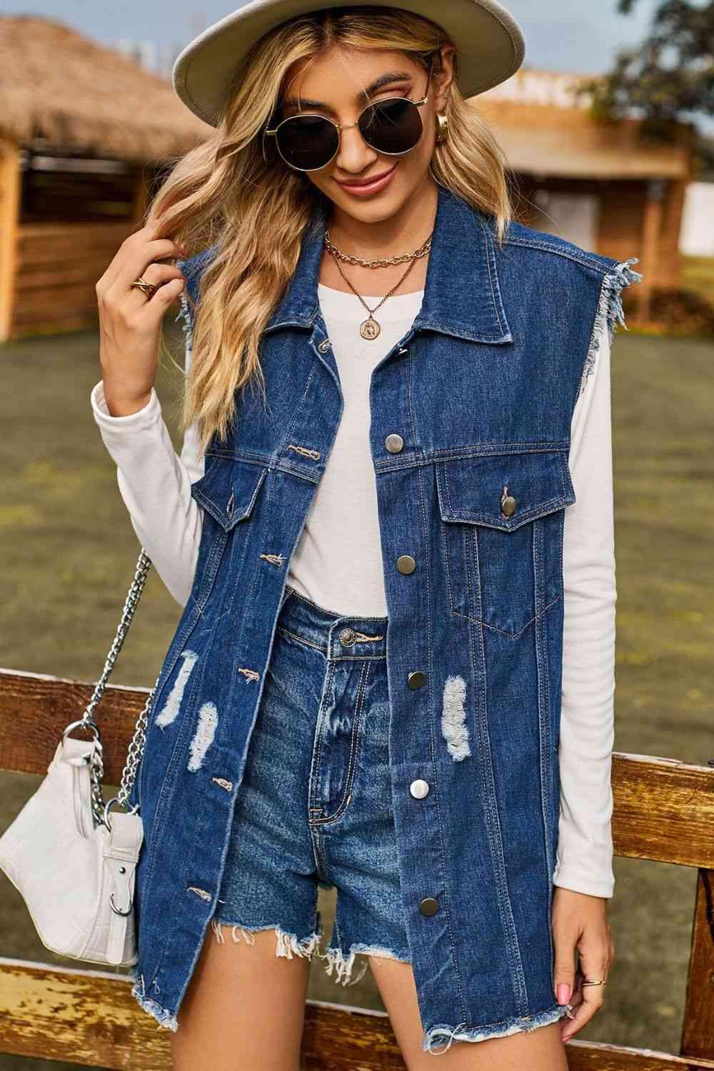 Sleeveless Button-Up Collared Denim Top with Pockets - Immenzive