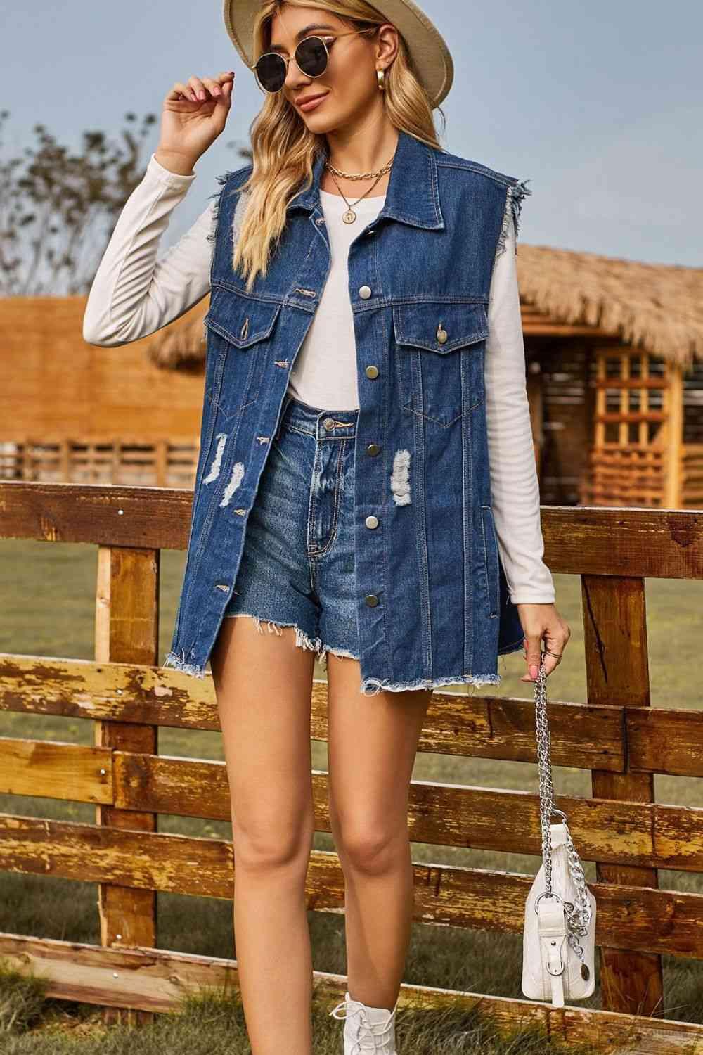 Sleeveless Button-Up Collared Denim Top with Pockets - Immenzive