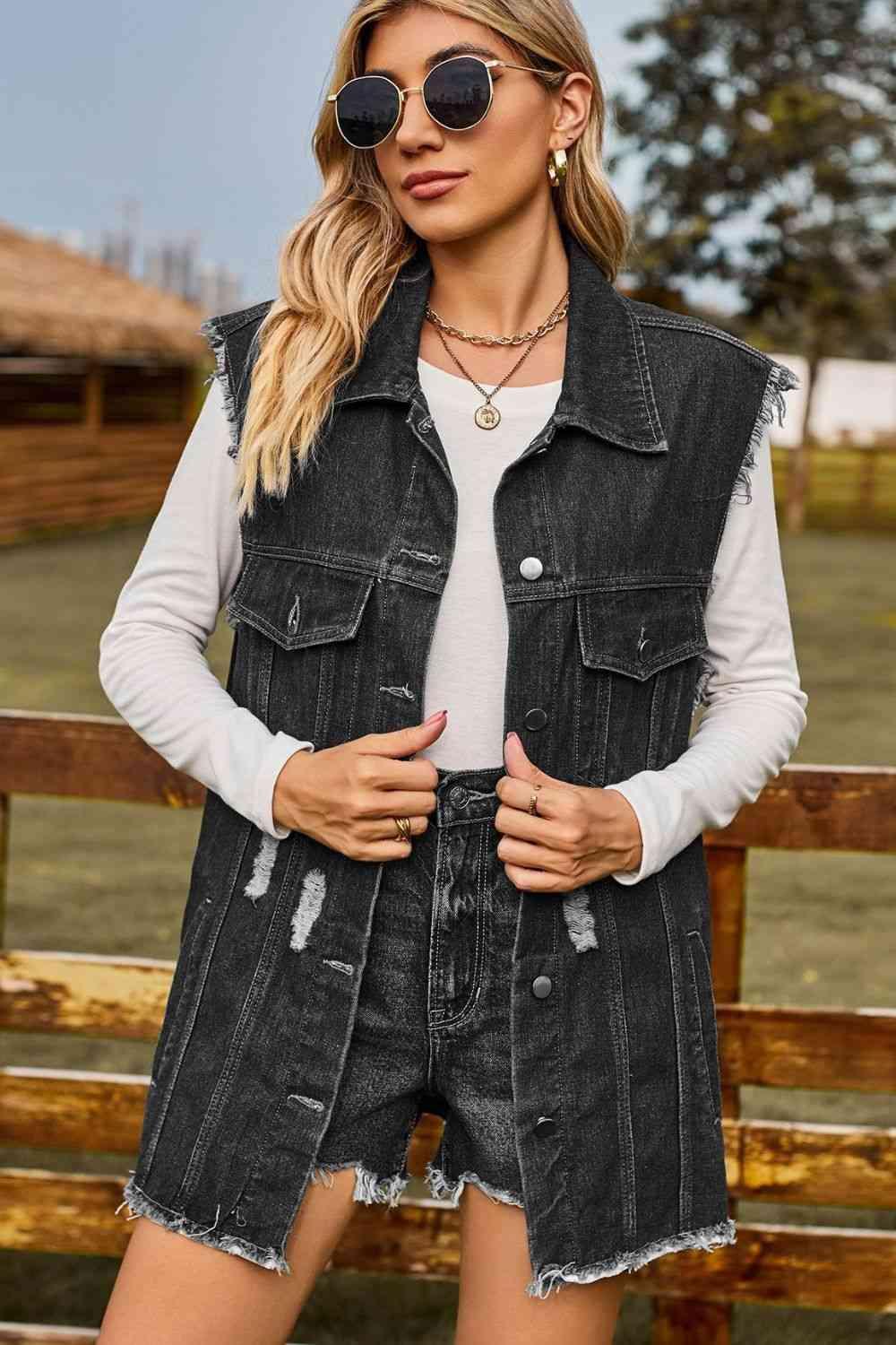 Sleeveless Button-Up Collared Denim Top with Pockets - Immenzive