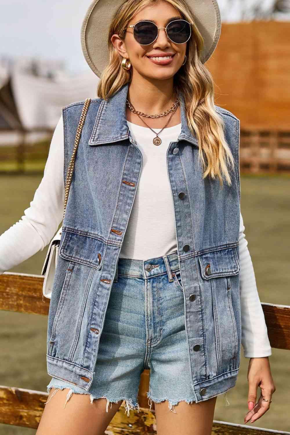 Sleeveless Collared Neck Denim Top with Pockets - Immenzive