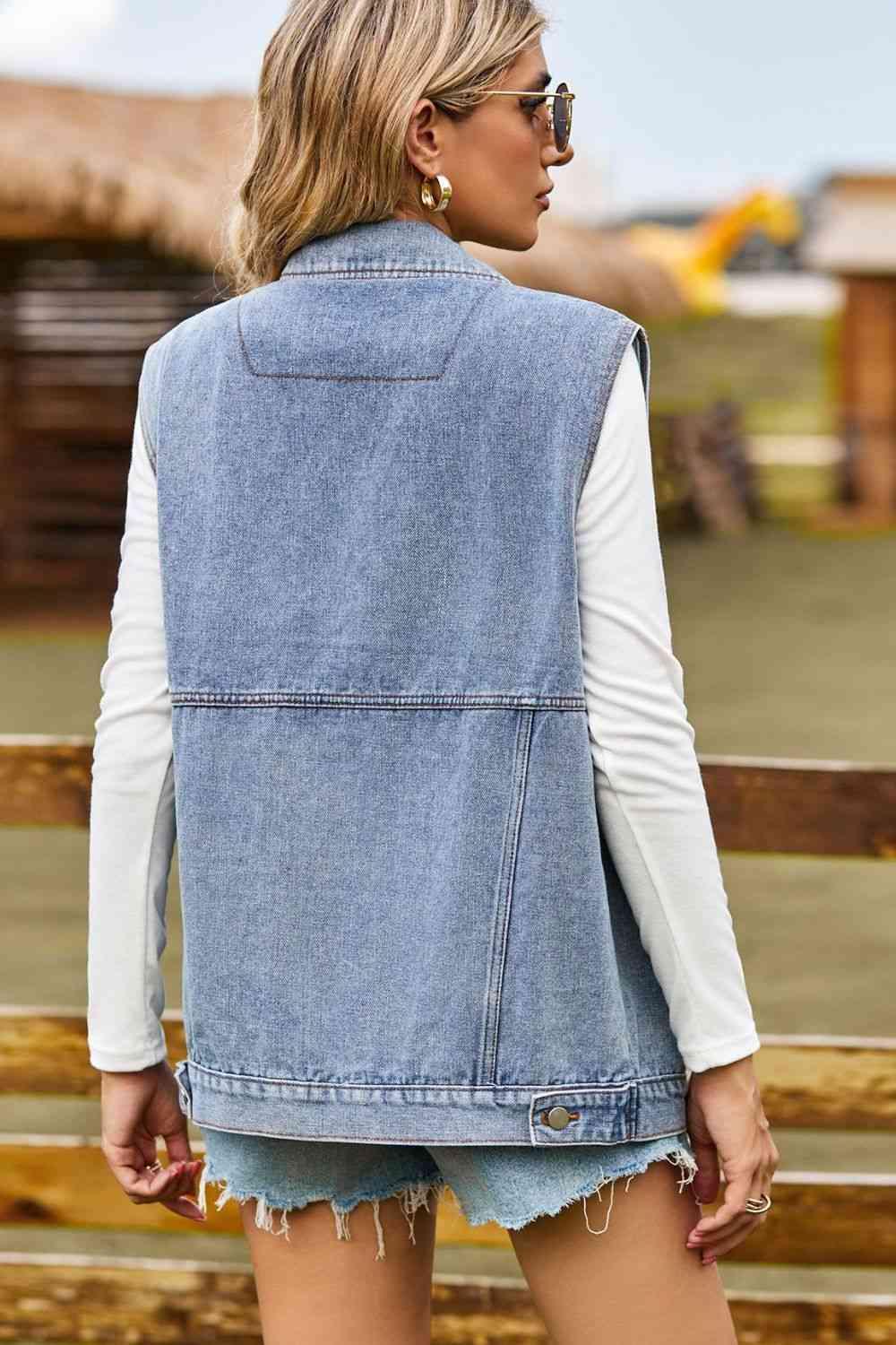 Sleeveless Collared Neck Denim Top with Pockets - Immenzive