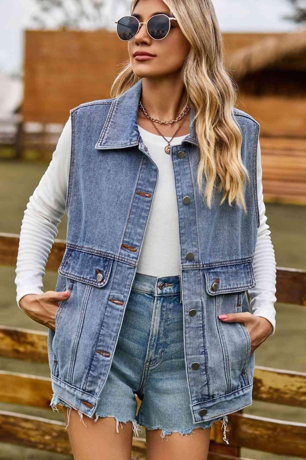 Sleeveless Collared Neck Denim Top with Pockets - Immenzive