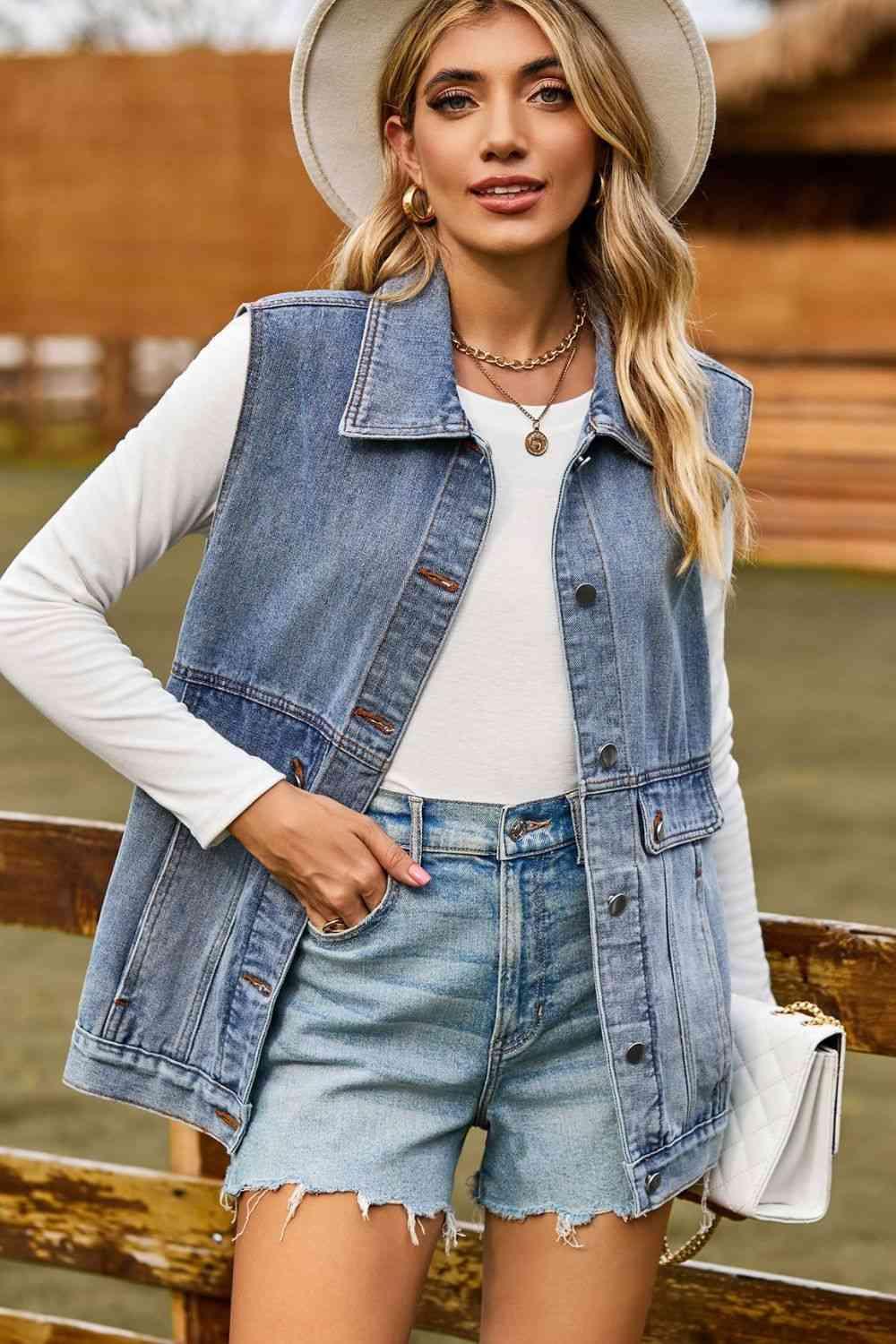 Sleeveless Collared Neck Denim Top with Pockets - Immenzive