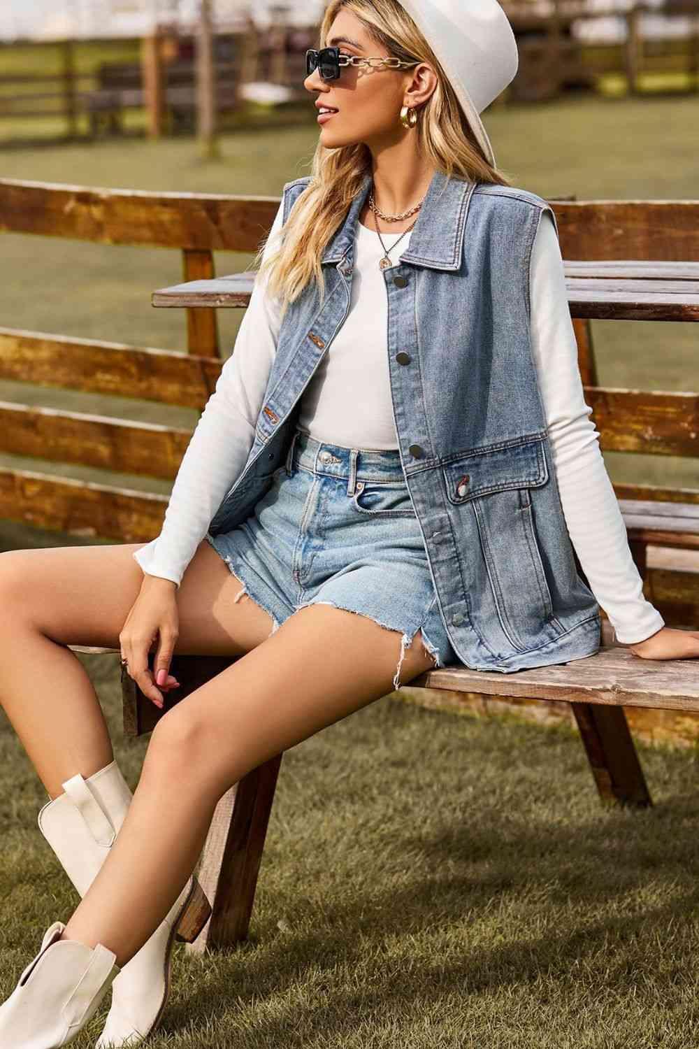 Sleeveless Collared Neck Denim Top with Pockets - Immenzive