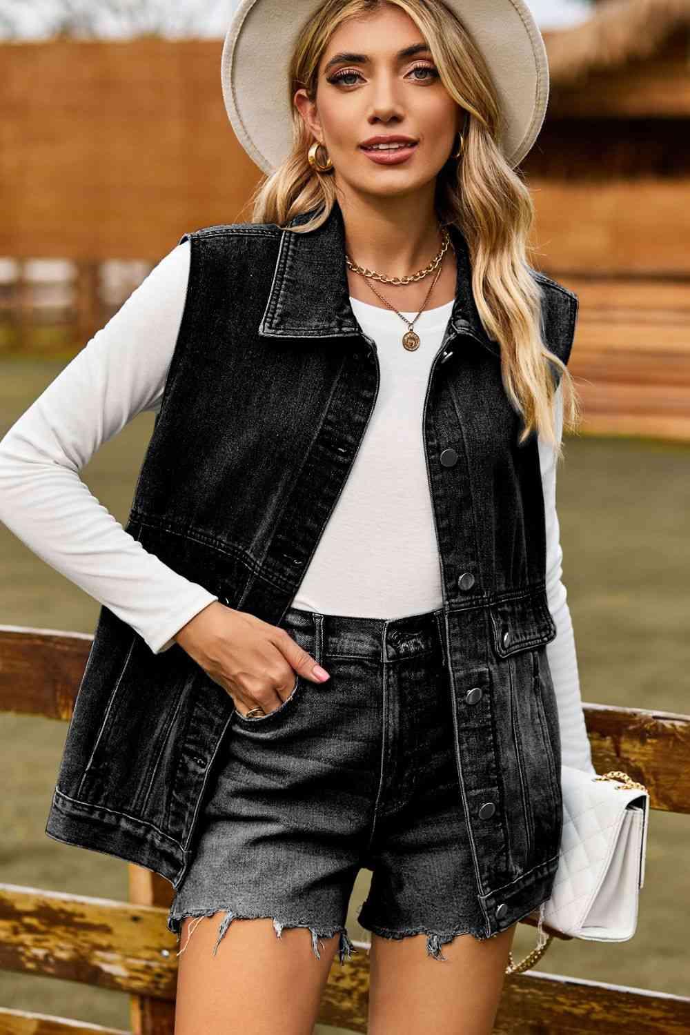 Sleeveless Collared Neck Denim Top with Pockets - Immenzive