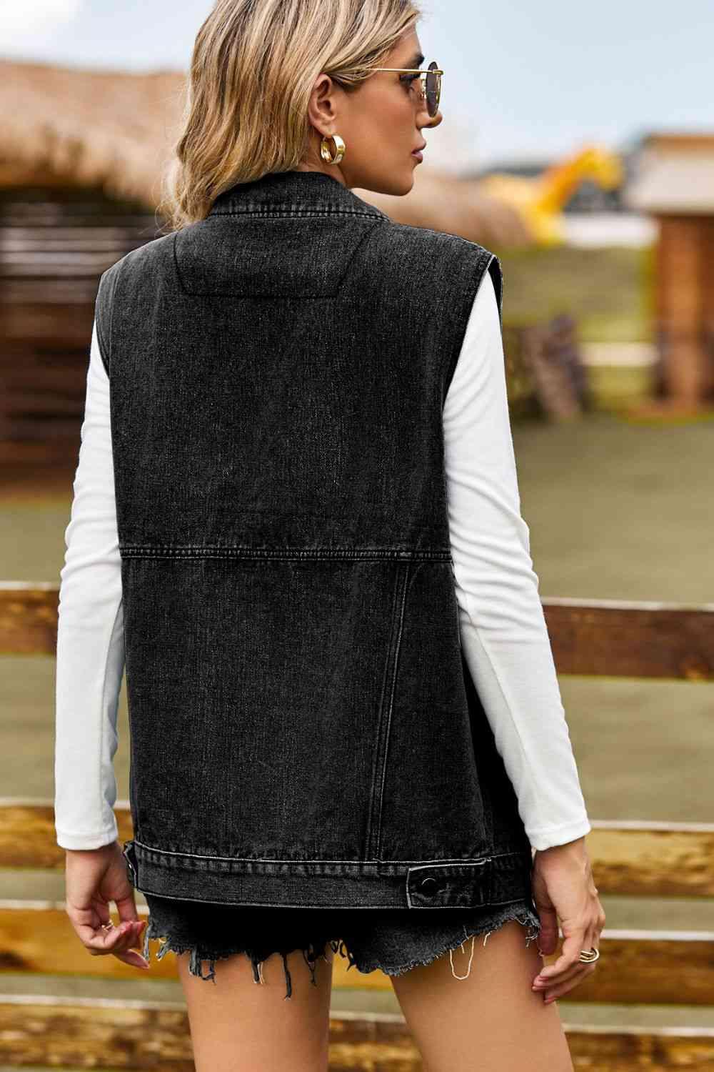 Sleeveless Collared Neck Denim Top with Pockets - Immenzive