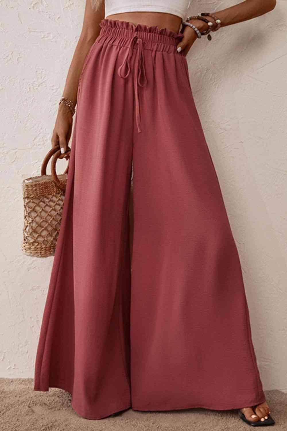 Smocked Paperbag Waist Wide Leg Pants - Immenzive