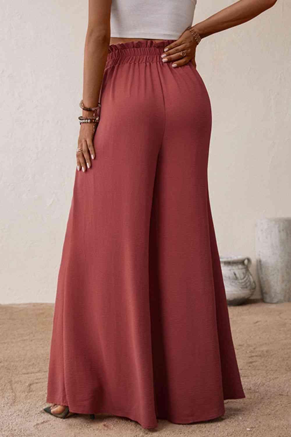 Smocked Paperbag Waist Wide Leg Pants - Immenzive