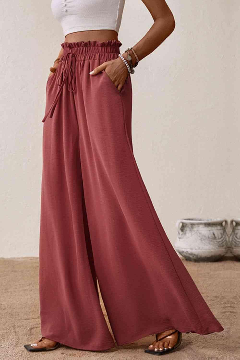 Smocked Paperbag Waist Wide Leg Pants - Immenzive