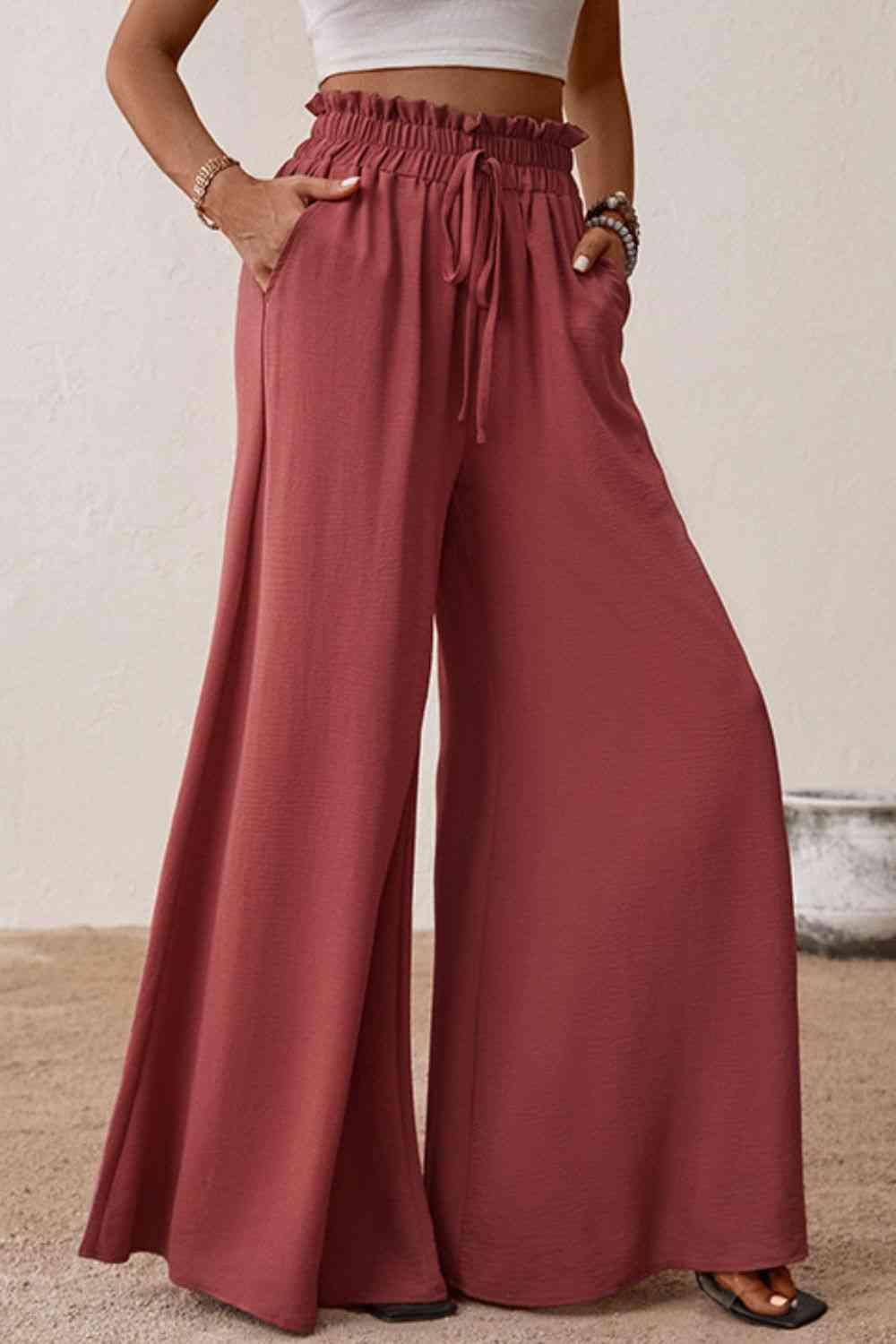 Smocked Paperbag Waist Wide Leg Pants - Immenzive