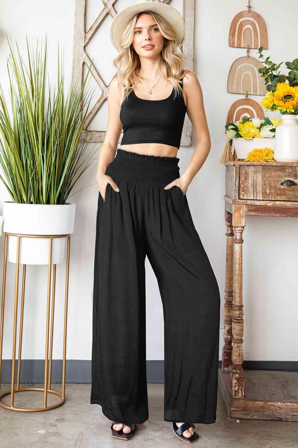 Smocked Waist Wide Leg Pants with Pockets - Immenzive