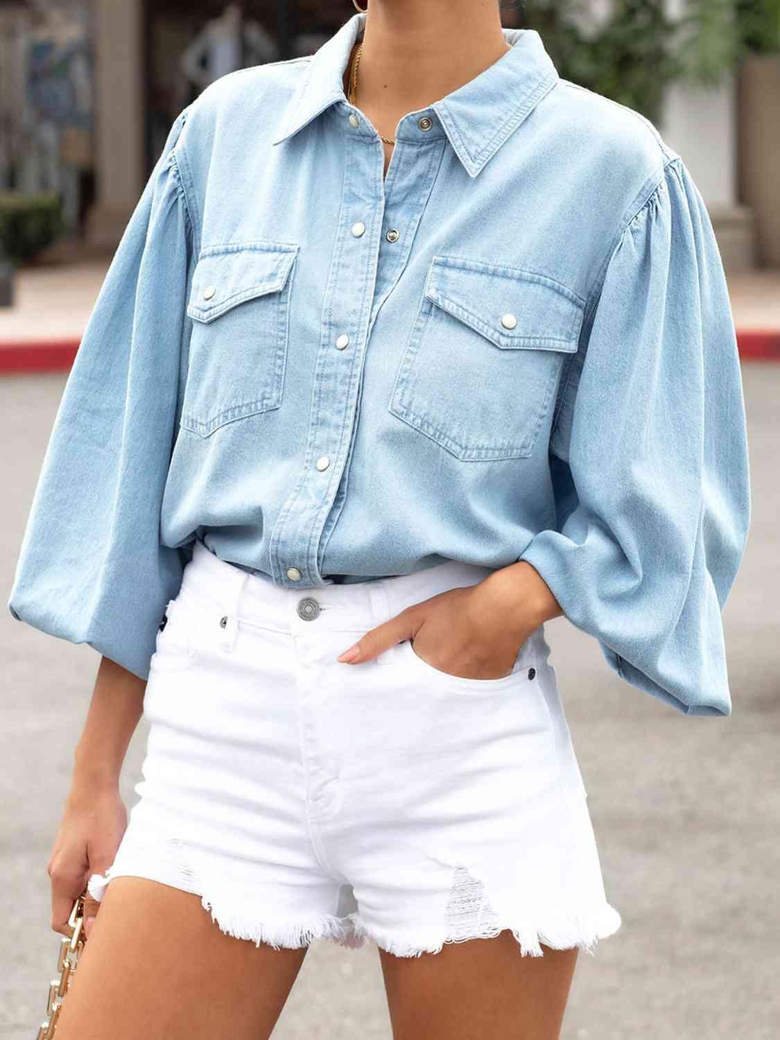 Snap Down Puff Sleeve Denim Top - Immenzive