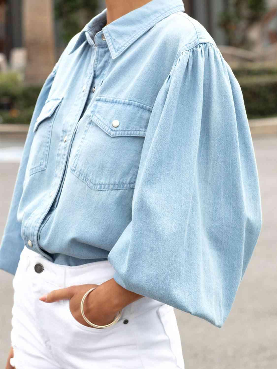 Snap Down Puff Sleeve Denim Top - Immenzive