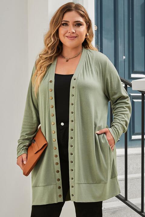 Snap Up V-Neck Long Sleeve Cardigan with Pockets - Immenzive