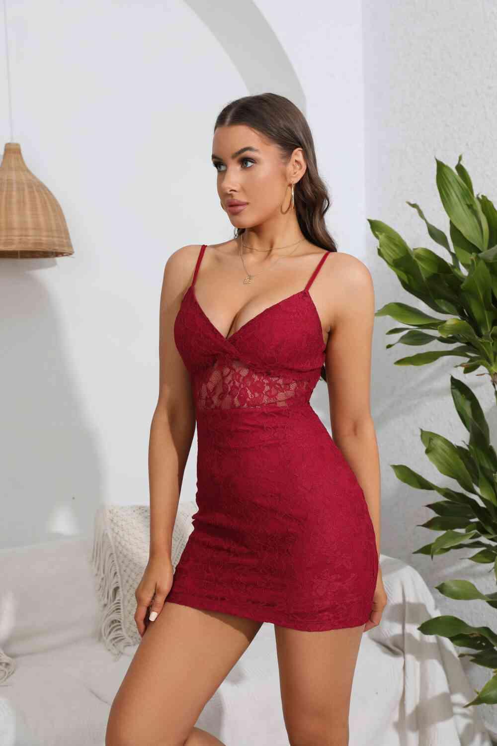 Spaghetti Strap Sweetheart Neck Lace Bodycon Dress - Immenzive