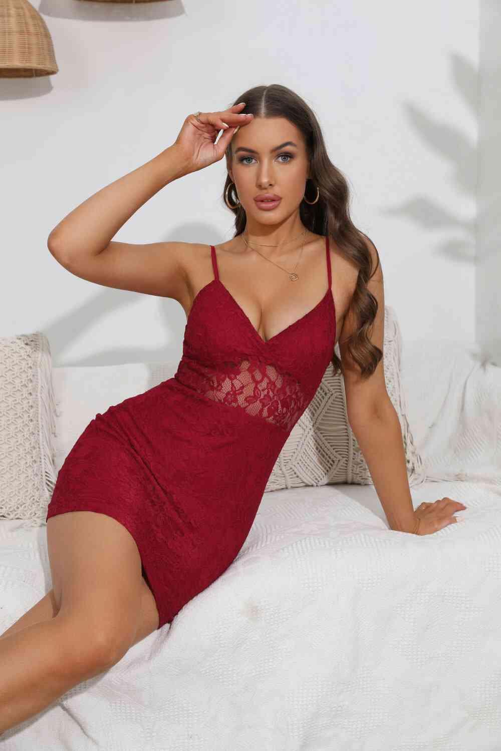 Spaghetti Strap Sweetheart Neck Lace Bodycon Dress - Immenzive